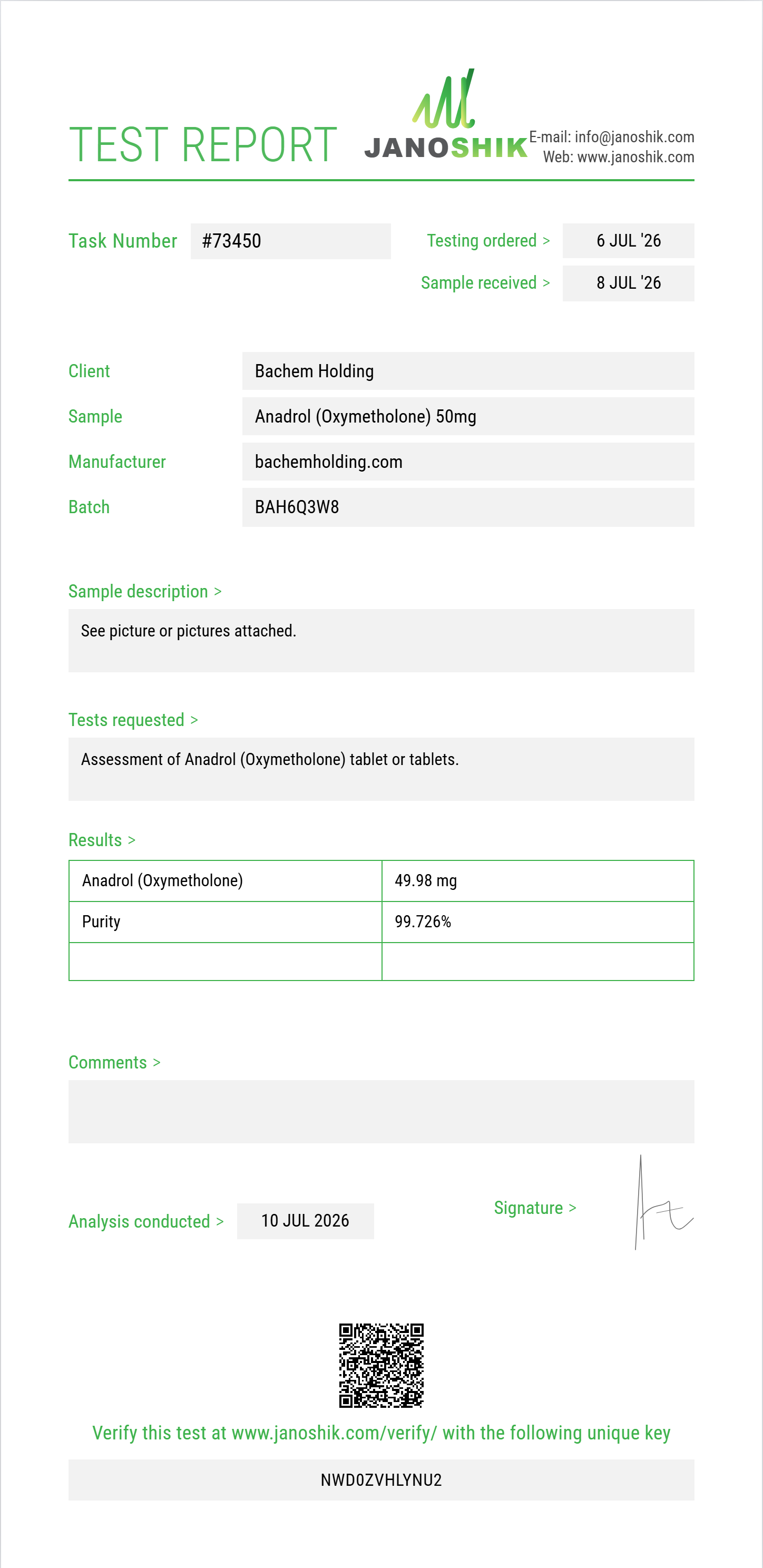 Anadrol (Oxymetholone) Purity (HPLC) report by Janoshik Analytical