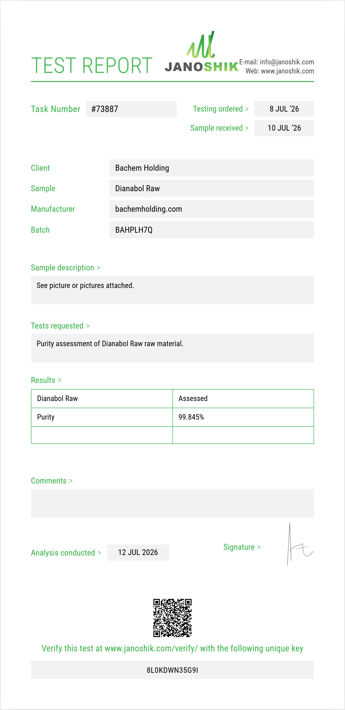 Dianabol Raw Purity (HPLC) report by Janoshik Analytical