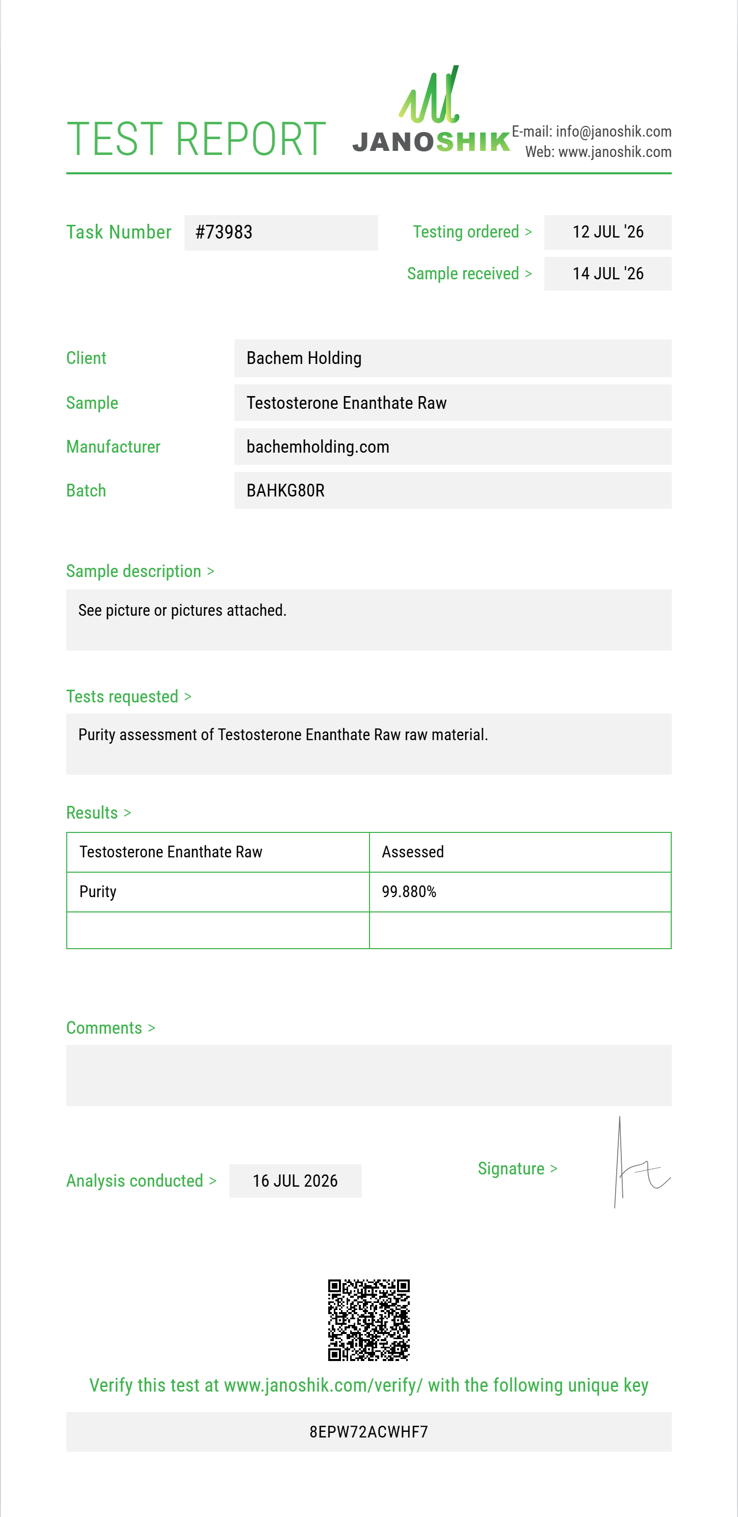 Testosterone Enanthate Raw Purity (HPLC) report by Janoshik Analytical